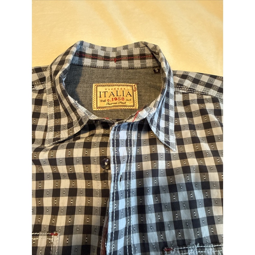 Italia 1958 Mens Small Blue Check Button Front Shirt Dual Pocket Cotton